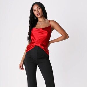 Lush Red Satin Cowl Neck Tank Top